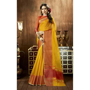 Yellow plain cotton silk saree with blouse 1