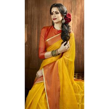 Yellow plain cotton silk saree with blouse 2