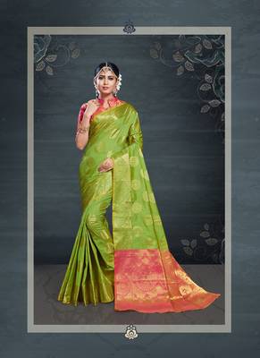 Green woven banarasi silk saree with blouse 1
