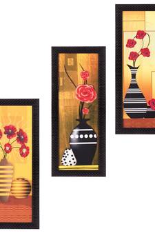 Set Of 3 Decorative Floral Botanical Pot Satin Matt Texture UV Art Painting