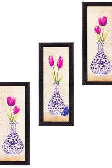 Set Of 3 Decorative Floral Botanical Pot Satin Matt Texture UV Art Painting