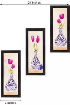 Set Of 3 Decorative Floral Botanical Pot Satin Matt Texture UV Art Painting