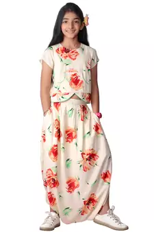 Printed Contemporary Dhoti Skirt & Top - Off White