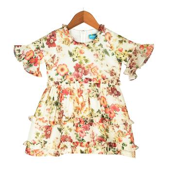 Floral Bell-Sleeves Tiered Dress with Frill Accents - Ivory 1