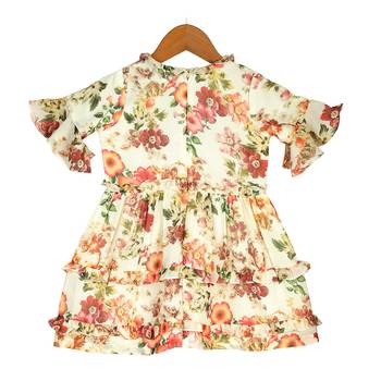 Floral Bell-Sleeves Tiered Dress with Frill Accents - Ivory 2