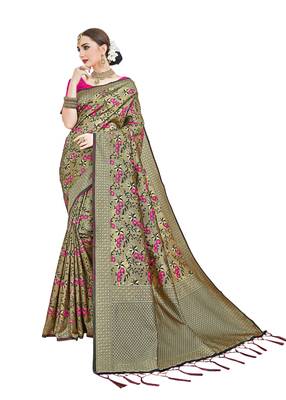 Golden woven silk saree with blouse 1