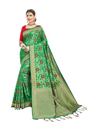 Green woven silk saree with blouse 1