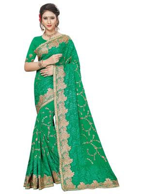 Green embroidered georgette saree with blouse 1