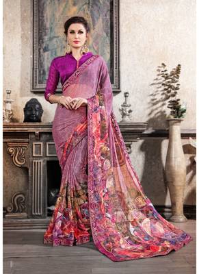 Light purple printed chiffon saree with blouse 1