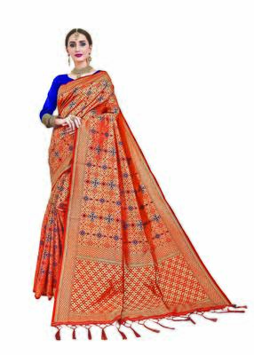 Orange woven silk saree with blouse 1