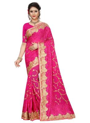 Rani pink embroidered georgette saree with blouse 1