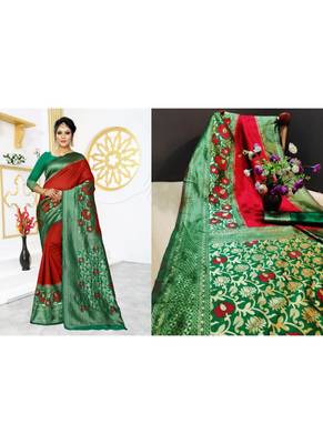 Red woven art silk saree with blouse 1