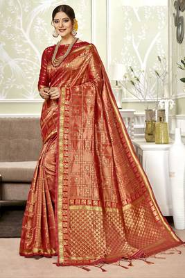 Red woven art silk saree with blouse 1