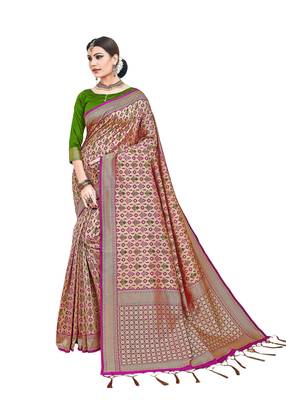 Rose woven silk saree with blouse 1
