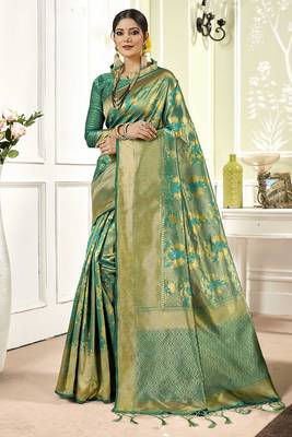 Sea green woven art silk saree with blouse 1