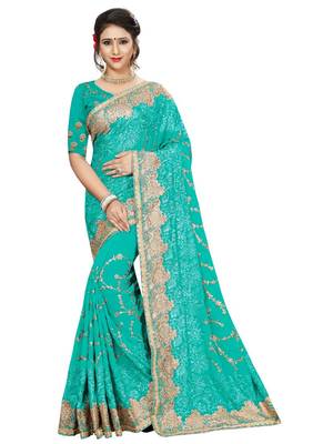 Turquoise embroidered georgette saree with blouse 1
