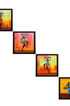 Set Of 4 Tribal Women Satin Matt Texture UV Art Painting