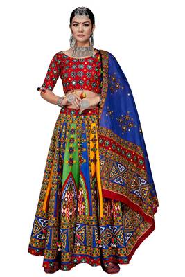 Multicolor thread embroidery cotton semi stitched lehenga 1