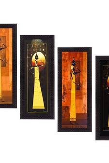 Set Of 4 Tribal Women Satin Matt Texture UV Art Painting