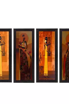 Set Of 4 Tribal Women Satin Matt Texture UV Art Painting