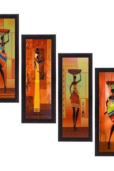 Set Of 4 Tribal Women Satin Matt Texture UV Art Painting
