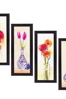 Set Of 4 Botanical Floral Pots Satin Matt Texture UV Art Painting