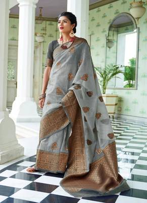 Grey woven linen saree with blouse 1