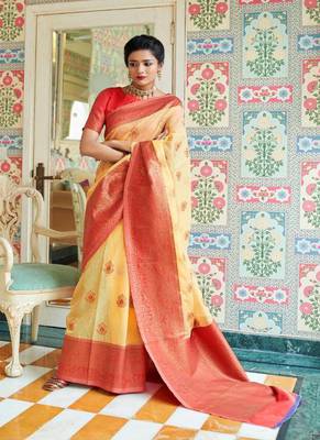 Yellow woven linen saree with blouse 1