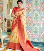 Yellow woven linen saree with blouse