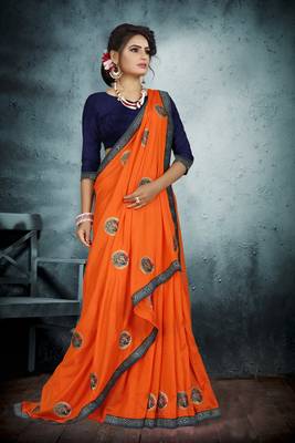 Orange Embroidered Art Silk Sarees Saree With Blouse 4