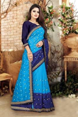 Blue Printed Art Silk Sarees Saree With Blouse 4