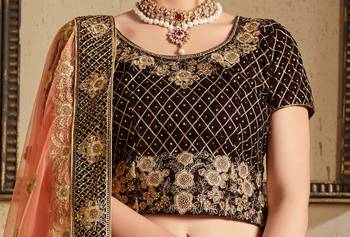 Maroon Thread Embroidery Velvet Semi Stitched bridal lehenga 5