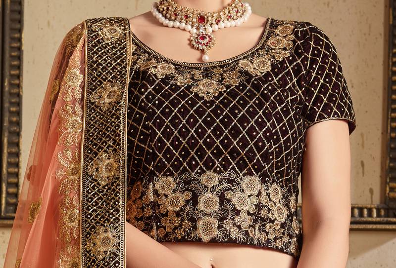 Maroon Thread Embroidery Velvet Semi Stitched bridal lehenga