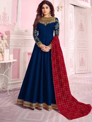 Dark Blue embroidered silk blend semi stitched salwar with dupatta 1