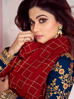 Dark Blue embroidered silk blend semi stitched salwar with dupatta 2
