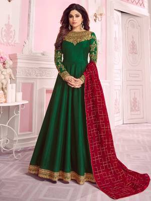 Dark Green  embroidered silk blend semi stitched salwar with dupatta 2