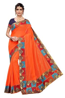 orange printed cotton saree with blouse 1