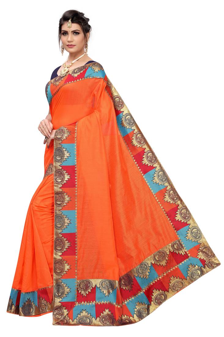 orange printed cotton saree with blouse
