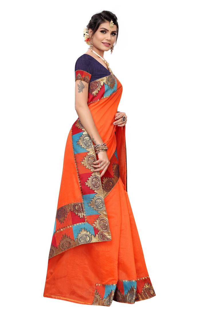 orange printed cotton saree with blouse