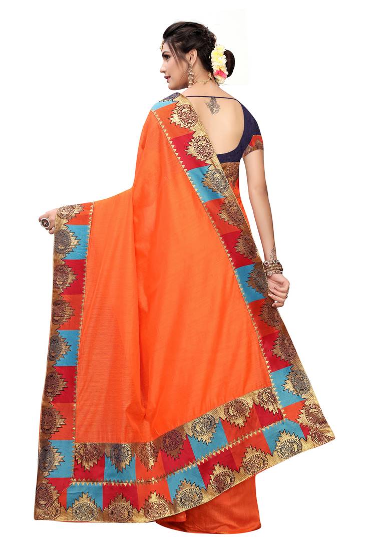 orange printed cotton saree with blouse