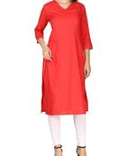 Red plain cotton long-kurtis