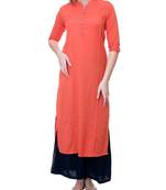 Orange plain cotton long-kurtis