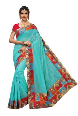 Turquoise plain Chanderi Cotton saree with blouse 1