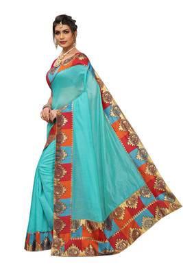 Turquoise plain Chanderi Cotton saree with blouse 2