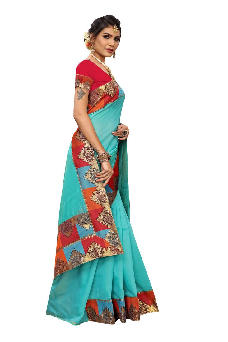 Turquoise plain Chanderi Cotton saree with blouse