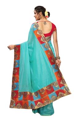 Turquoise plain Chanderi Cotton saree with blouse 4