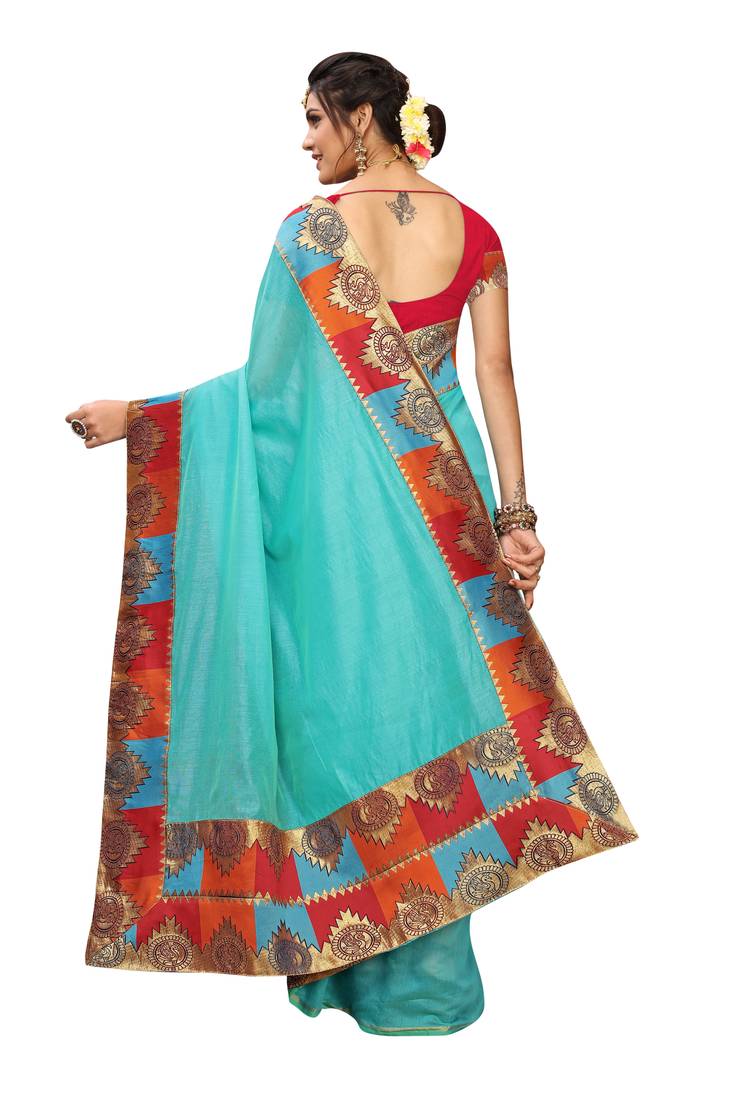 Turquoise plain Chanderi Cotton saree with blouse
