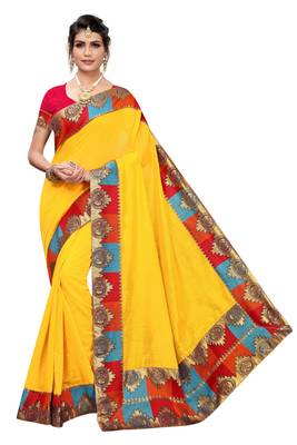 Yellow Plain Chanderi Cotton Saree With Blouse 1