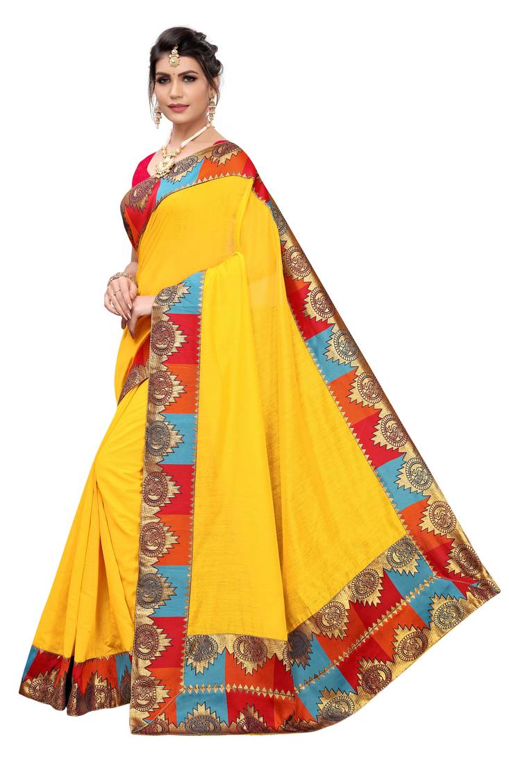 Yellow Plain Chanderi Cotton Saree With Blouse