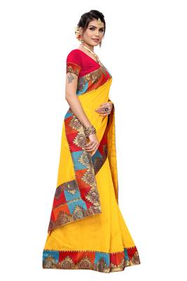 Yellow Plain Chanderi Cotton Saree With Blouse 3